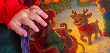 Et close up billede af far og søn som sidder og læser en julehistorie fra Julemandes Posthus